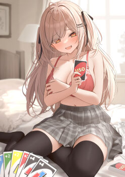 1girl bare_shoulders black_ribbon black_thighhighs blush bra breasts brown_eyes brown_hair card cleavage commentary_request eyes_visible_through_hair grey_skirt hair_ornament hair_ribbon hairclip highres holding holding_card imouto-chan_(monaka_curl) large_breasts long_hair looking_at_viewer monaka_curl navel open_mouth original paid_reward_available plaid_clothes plaid_skirt red_bra ribbon shirt sitting skirt smile solo thighhighs thighs two_side_up underwear unworn_shirt