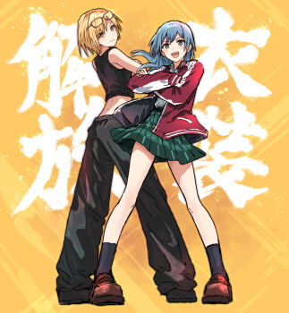 2girls :d absurdres asahi_rokka bang_dream! bang_dream!_girls_band_party! bare_shoulders black_pants black_socks black_tank_top blonde_hair blue_hair borrowed_clothes brown_shoes collared_shirt commentary crossed_arms dress_shirt eyewear_on_head floating_hair full_body glasses green_eyes green_skirt haneoka_school_uniform highres jacket legs_apart loafers long_hair looking_at_viewer median_furrow miniskirt multiple_girls open_clothes open_jacket open_mouth pants plaid_clothes plaid_skirt pleated_skirt red_jacket sato_masuki school_uniform shirt shoes short_hair skirt smile socks standing tank_top teeth text_background translation_request upper_teeth_only v-shaped_eyebrows white_shirt yellow_background yellow_eyes yukitake_(bullfalk)