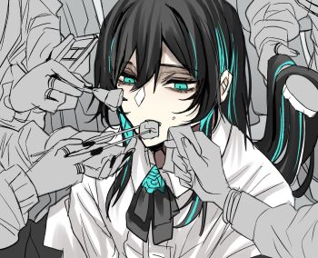 Rule 34 | 1girl, 4others, ado (utaite), applying makeup, black hair, blue eyes, blue hair, brushing hair, chando (ado), chopsticks, colored inner hair, commentary request, feeding, gunjyou (gunjyou 00), hair between eyes, jewelry, long hair, multicolored hair, multiple others, multiple rings, partially colored, people, ring, shirt, upper body, utaite, white shirt