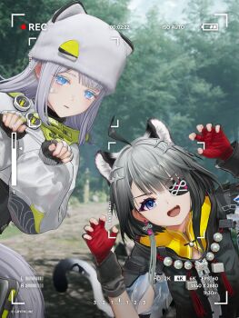 2girls 3d ahoge animal_ears arknights arknights:_endfield artist_request bandaid bandaid_on_face battery_indicator black_capelet blue_eyes blurry blurry_background capelet cat_day cat_ears cat_girl cat_tail commentary_request copyright_name estella_(arknights) extra_ears eyepatch fang fingerless_gloves gloves gradient_hair grey_hair hair_ornament hairpin hands_up hat hat_ornament hat_with_ears highres long_sleeves looking_at_viewer medium_hair multicolored_hair multiple_girls nature official_art one_eye_covered open_mouth paw_pose recording shrug_(clothing) tail tangtang_(arknights) teeth tiger_ears tiger_girl tiger_tail translation_request upper_teeth_only user_interface white_hair white_shrug