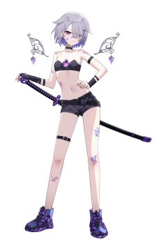 1girl adapted_costume arm_wrap bandaid bandaid_on_arm bandaid_on_face bandaid_on_knee bandaid_on_leg bandaid_on_nose black_gloves black_shorts black_tube_top breasts chest_jewel collar commentary_request cracked_skin detached_wings full_body gem gloves grey_hair highres hololive hololive_english jewel_under_eye katana koseki_bijou koseki_bijou_(casual) loli material_growth metal_wings navel official_alternate_hairstyle profnote purple_eyes purple_footwear purple_gemstone purple_nails short_shorts shorts simple_background single_glove small_breasts solo standing stomach strapless sword thigh_strap tomato_(sword) tube_top virtual_youtuber weapon white_background wings