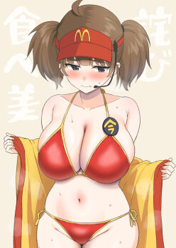 1girl ahoge alternate_breast_size_(larger) badge bare_shoulders bikini black_shorts blush breasts brown_hair cleavage collarbone curvy employee_uniform grey_eyes hat headset highres imadake_dabuchi_tabemi large_breasts mcdonald's medium_hair navel off_shoulder red_bikini red_hat short_twintails shorts solo sweat swimsuit translation_request twintails visor_cap yue_(show-ei)