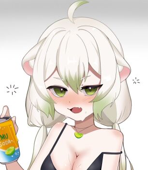 1girl ahoge animal_ears black_bra blush bra breasts can drink_can fang ferret_ears ferret_girl food fruit green_eyes green_hair hair_between_eyes indie_virtual_youtuber jewelry lime_(fruit) lime_slice limealicious looking_at_viewer medium_breasts multicolored_hair necklace open_mouth skin_fang soda_can tsukasa12598 twintails underwear vinesauce virtual_youtuber white_hair