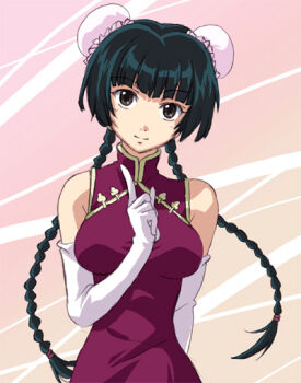 00s 1girl black_eyes black_hair blue_hair braid breasts brown_eyes bun_cover china_dress chinese_clothes double_bun dress elbow_gloves female_focus gloves gundam gundam_00 long_hair pointing solo twin_braids wang_liu_mei yakka