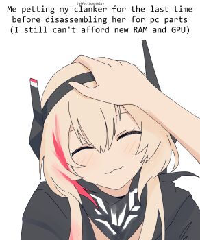 1girl absurdres black_hairband black_jacket blonde_hair caption clanker_(meme) closed_eyes commentary english_text facing_viewer girls'_frontline hairband headpat highres jacket long_hair m4_sopmod_ii_(girls'_frontline) me_petting_my_cat_(meme) meme multicolored_hair myticalcat out_of_frame pov red_hair simple_background solo_focus streaked_hair symbol-only_commentary two-tone_hair upper_body white_background