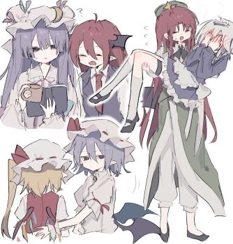 Rule 34 | 6+girls, :d, apron, bat wings, black shoes, black vest, blonde hair, blue dress, blue hair, book, braid, carrying, chinese clothes, commentary request, covering face, crescent, crescent hat ornament, crystal wings, cup, dress, embarrassed, flandre scarlet, full body, green skirt, green vest, hair between eyes, hat, hat ornament, head wings, highres, holding, holding book, holding cup, hong meiling, izayoi sakuya, koakuma, long hair, long sleeves, looking at another, looking at viewer, maid, maid apron, maid headdress, maruten moko, medium hair, mob cap, multiple girls, necktie, open mouth, pants, parted lips, patchouli knowledge, pointy ears, princess carry, purple eyes, purple hair, red hair, red necktie, red vest, remilia scarlet, robe, shirt, shoes, short sleeves, siblings, side ponytail, skirt, smile, socks, star (symbol), star hat ornament, striped clothes, striped dress, thigh strap, touhou, twin braids, upper body, vampire, very long hair, vest, white background, white hair, white pants, white robe, white shirt, white socks, wings, wrist cuffs