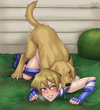 1boy 1girl aaaninja animal annoyed artist_logo bestiality blonde_hair blue_boots blue_gloves blue_shirt blue_skirt blush boots breasts breath clenched_teeth clothes_pull cum cum_on_ass cum_on_body dated dog embarrassed fingerless_gloves full_body gloves grass heavy_breathing hetero high_heel_boots high_heels large_breasts lips logo long_hair looking_at_another looking_back matching_hair/eyes motion_lines outdoors rape restrained sex sex_from_behind shirt skirt skirt_pull sleeveless sleeveless_shirt solo_focus teeth tenjouin_asuka top-down_bottom-up two-tone_shirt variant_set white_shirt yellow_eyes yu-gi-oh! yu-gi-oh!_gx