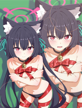 1girl absurdres animal_ears bell black_hair black_panties blue_archive blush christmas closed_mouth commentary commentary_request covering_breasts covering_privates green_background green_ribbon hair_ribbon halo highres jingle_bell kame_(nokonoko10271) long_hair looking_at_viewer naked_ribbon navel neck_bell open_mouth panties pink_halo red_eyes red_ribbon ribbon serika_(blue_archive) solo twintails underwear zoom_layer