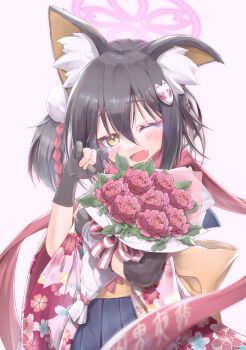 1girl :d ;d absurdres animal_ear_fluff animal_ears back_bow birthday black_gloves black_hair blue_archive blue_skirt blurry blush bouquet bow cherry_blossom_print commentary_request cowboy_shot crying crying_with_eyes_open depth_of_field eyeshadow fang floppy_ears floral_print floral_print_kimono flower fox_ears fox_girl fox_hair_ornament glint gloves hair_between_eyes hair_ornament halo hand_up happy happy_birthday happy_tears highres holding holding_bouquet izuna_(blue_archive) japanese_clothes kimono leaf long_scarf looking_at_viewer makeup medium_hair one_eye_closed one_side_up open_mouth partially_fingerless_gloves pink_background pink_flower pink_halo pink_kimono pink_rose pink_scarf pleated_skirt pom_pom_(clothes) pom_pom_hair_ornament print_kimono red_eyeshadow rose scarf school_uniform simple_background skirt smile solo tears tomonx wiping_tears yellow_bow yellow_eyes