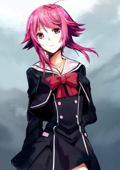 Rule 34 | aki663, arms behind back, bow, chaos;child, chest bow, collarbone, cropped jacket, hekiho academy school uniform, looking at viewer, onoe serika, parted lips, pink eyes, pink hair, red bow, sailor collar, sailor shirt, school uniform, science adventure, shiny eyes, shirt, short hair with long locks, teeth