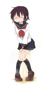 1girl between_legs black_socks blue_sailor_collar blue_skirt blush breath brown_hair brown_shoes clenched_teeth closed_eyes embarrassed female_focus flat_chest full_body hand_between_legs have_to_pee heel_up kneehighs knees_together_feet_apart kude_rei_(ponnu_(tnpn2yw)) large_variant_set leaning_forward long_sleeves miniskirt neckerchief nose_blush original own_hands_together pee peeing peeing_self pigeon-toed pleated_skirt ponnu_(tnpn2yw) puddle red_neckerchief sailor_collar school_uniform serafuku shirt shoes short_hair sidelocks simple_background skirt socks solo standing steam teeth v_arms variant_set wet wet_clothes wet_skirt wet_socks white_background white_shirt