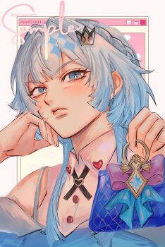 Rule 34 | 1girl, blue eyes, blue hair, box, cerydra (honkai: star rail), closed mouth, commentary, crown, english commentary, gift, gift box, highres, honkai: star rail, honkai (series), incoming gift, long hair, looking at viewer, nokkusuart, sample watermark, solo, twitter username, upper body, watermark