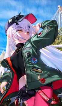 1girl arm_behind_head arm_up baseball_cap black_hat black_shirt black_shorts blue_sky bracelet breasts choco_(chocolate_shop) commentary_request cowboy_shot crop_top day fate/grand_order fate_(series) forked_eyebrows game_cg green_jacket hair_ornament hairclip hat jacket jewelry long_hair long_sleeves looking_up melusine_(fate) melusine_(over_the_same_sky)_(fate) micro_shorts midriff navel necklace official_art open_clothes open_jacket outdoors pantyhose parted_lips photo_background pink_pantyhose shirt shorts sky sleeveless sleeveless_shirt small_breasts smile solo third-party_source torn_clothes torn_pantyhose turtleneck two-sided_fabric two-sided_jacket unzipped very_long_hair walking white_hair yellow_eyes zipper zipper_pull_tab