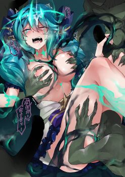 1girl 4boys black_bow blush bow breasts colored_skin commission crying crying_with_eyes_open cunnilingus dark-skinned_male dark_skin defeat drill_hair fingernails green_hair green_skin gwen_(league_of_legends) haagyu hair_bow handjob highres large_breasts league_of_legends long_hair multiple_boys navel nipples oral pixiv_commission rape sharp_fingernails sharp_teeth speech_bubble tears teeth torn_clothes translation_request twin_drills twintails
