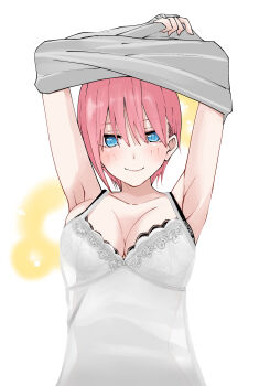 1girl absurdres armpits arms_up black_bra blue_eyes blush bra breasts camisole cleavage closed_mouth collarbone fanged_bangs go-toubun_no_hanayome grey_sweater highres lace lace-trimmed_bra lace_trim large_breasts ldeeeeeeeeeejo lingerie looking_at_viewer nakano_ichika pink_hair see-through_silhouette short_hair smile solo sweater underwear undressing white_bra white_camisole yellow_background