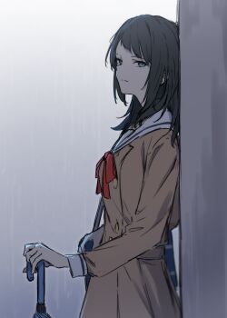 1girl absurdres bag bang_dream! bang_dream!_it's_mygo!!!!! black_hair blue_bag bow bowtie breasts brown_dress closed_mouth commentary cowboy_shot dress green_eyes hanasakigawa_school_uniform highres kanade_(kanade_3344) long_sleeves looking_at_viewer medium_breasts medium_hair pleated_dress rain red_bow red_bowtie sailor_collar sailor_dress school_bag school_uniform shoulder_bag sidelocks solo white_sailor_collar yahata_umiri