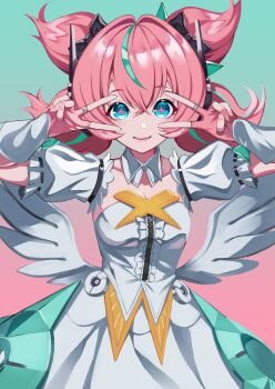 Rule 34 | 1girl, absurdres, aqua hair, aqua streaks, aria (zenless zone zero), black bow, blue eyes, bow, breasts, center frills, cleavage, collarbone, commentary, crossed bangs, detached collar, detached sleeves, double v, dress, fingerless gloves, frilled sleeves, frills, gloves, green background, hair between eyes, hair bow, hair intakes, highres, kurenairan77, looking at viewer, medium breasts, multicolored hair, open mouth, pink background, pink gloves, pink hair, pink nails, short twintails, simple background, smile, solo, sparkling eyes, streaked hair, symbol-only commentary, twintails, two-tone background, upper body, v, v over eye, white dress, white wings, wings, zenless zone zero