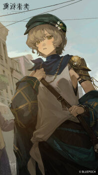 1girl absurdres armor bag black_pants blonde_hair blue_coat blue_neckerchief blue_sky brown_bag brume_(reverse:1999) building coat copyright_name copyright_notice cowboy_shot day dutch_angle flower green_hat hair_flower hair_ornament hand_up hat highres holding_strap logo looking_at_viewer neckerchief newsboy_cap off_shoulder official_art official_wallpaper open_clothes open_coat outdoors pants parted_lips people reverse:1999 short_hair shoulder_armor shoulder_bag single_bare_shoulder sky solo_focus tank_top white_flower white_tank_top yellow_eyes