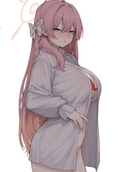 blue_archive breasts commentary_request from_side halo hanako_(blue_archive) hanako_(swimsuit)_(blue_archive) hesanily huge_breasts large_breasts long_hair looking_at_viewer open_clothes open_mouth open_shirt pink_hair