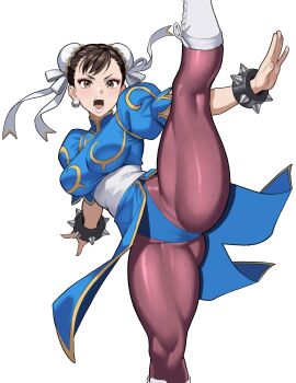 Rule 34 | 1girl, absurdres, axe kick, black hair, blue dress, bracelet, breasts, brown eyes, brown pantyhose, cameltoe, capcom, china dress, chinese clothes, chun-li, commentary request, double bun, dress, earrings, fighting stance, groin, hair bun, highres, jewelry, kicking, large breasts, looking at viewer, mandarin collar, open mouth, pantyhose, pearl earrings, puffy short sleeves, puffy sleeves, short hair, short sleeves, simple background, solo, spiked bracelet, spikes, standing, standing on one leg, street fighter, teeth, thick thighs, thighs, tsu.toxine, v-shaped eyebrows, white background