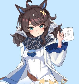 1girl ahoge animal_ears black_hair blue_background blue_eyes blush breasts closed_mouth commentary_request cup daring_tact_(umamusume) hair_ornament holding holding_cup horse_girl jacket looking_at_viewer medium_breasts necktie scarf simple_background solo umamusume yusei_tran