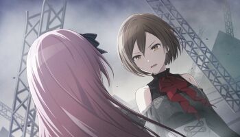 25-ji_luka 25-ji_meiko 2girls angry black_leotard bow bowtie brown_eyes clothing_cutout collarbone colorful_palette corset detached_sleeves dress facing_another floating_hair game_cg grey_corset grey_dress grey_theme hairband highres leotard lips long_sleeves megurine_luka meiko_(vocaloid) multiple_girls muted_color official_art open_mouth parted_lips pink_hair project_sekai red_bow red_bowtie samenai_gensou_wo_nokku_shite_(project_sekai) scowl shoulder_cutout third-party_source truss vocaloid