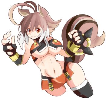 1girl animal_ears blazblue breasts brown_eyes brown_hair crop_top enpe fingerless_gloves gloves highres looking_at_viewer makoto_nanaya microskirt midriff multicolored_hair short_hair skirt squirrel_ears squirrel_girl squirrel_tail tail tonfa two-tone_hair underboob weapon white_background white_hair