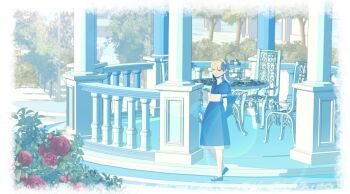 1girl alice_(megami_tensei) blonde_hair blue_dress chair closed_mouth cloud demon_(megami_tensei) dress edoya_inuhachi flower full_body hairband long_hair looking_at_viewer puffy_sleeves red_flower red_rose rose shin_megami_tensei solo standing table tree