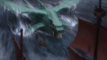 2boys ambiguous_gender boat bohrokki climbing duke_fishron fins giant giant_monster gills glowing glowing_eyes hat highres incoming_attack mast multiple_boys ocean on_boat pirate_hat raft rope sail sailing sailing_ship sharp_teeth ship standing teeth terraria watercraft waves wings yellow_eyes