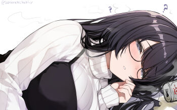 Rule 34 | 1girl, ?, alcohol, beer, beer can, black dress, black hair, blue eyes, blush, breasts, can, commentary request, dress, drink can, drunk, glasses, highres, large breasts, long hair, long sleeves, looking at viewer, lying, on side, original, parted lips, pinafore dress, ribbed sweater, simple background, sleeveless, sleeveless dress, solo, spill, spilled drink, sweater, turtleneck, turtleneck sweater, twitter username, urabanasimati, white background, white sweater