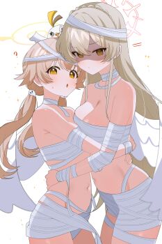 2girls ? absurdres asymmetrical_docking bandaged_arm bandaged_head bandaged_neck bandages blonde_hair blue_archive braid breast_press breasts brown_eyes brown_hair cleavage commentary crown_braid double-parted_bangs flat_chest hair_between_eyes halo hifumi_(blue_archive) highres hug large_breasts long_hair looking_at_viewer low_twintails multiple_girls nagisa_(blue_archive) naked_bandage navel open_mouth peroro_(blue_archive) red_halo shaded_face shusuchii simple_background small_breasts stomach symbol-only_commentary twintails white_background yellow_eyes yellow_halo