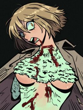 1girl blonde_hair blood blood_from_mouth blood_on_face breasts brown_shirt chimera dungeon_meshi falin_touden falin_touden_(chimera) feathers head_tilt highres kiu_(prettydaisis) large_breasts monster_girl open_clothes open_mouth open_shirt orange_eyes shirt short_hair slit_pupils solo teeth underboob upper_body white_feathers