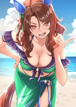 1girl adapted_costume animal_ears bare_shoulders beach breasts brown_hair cleavage commentary_request danboru_(jdanboru1182) ear_covers highres horse_ears horse_girl horse_tail king_halo_(umamusume) leaning_forward long_hair open_mouth red_eyes skirt solo swimsuit tail umamusume