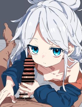 1boy 1girl bags_under_eyes bar_censor blue_eyes breasts censored closed_mouth collarbone deux_murasame expressionless freckles grey_background gundam gundam_gquuuuuux hair_bun handjob hatohatoh hetero highres jitome looking_at_viewer lying male_pubic_hair motion_lines nipples on_bed penis petite pov pov_crotch pubic_hair simple_background single_bare_shoulder skinny small_breasts white_hair