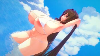 1girl 3d arms_behind_head bikini breasts brown_eyes brown_hair highres huge_breasts in_water long_hair ocean open_mouth sky smile swimsuit twintails white_bikini