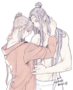 Rule 34 | 2boys, abs, alternate costume, bare pectorals, bare shoulders, bishounen, black hair, collarbone, commentary request, couple, cowboy shot, dated, dressing another, eye contact, grey eyes, hair over shoulder, hair ribbon, hand on another's neck, headband, height difference, hickey, highres, holding, holding ribbon, hug, lan wangji, long hair, long sleeves, looking at another, looking down, male focus, modao zushi, multiple boys, off shoulder, pale color, pants, parted bangs, parted lips, pectorals, ponytail, profile, red ribbon, red shirt, ribbon, robe, shirt, sidelocks, simple background, toned, toned male, topknot, topless male, twitter username, upper body, very long hair, wei wuxian, white background, white headband, white pants, white ribbon, xiao guan (headdress), yaoi, yellow eyes, ykmr (haga)