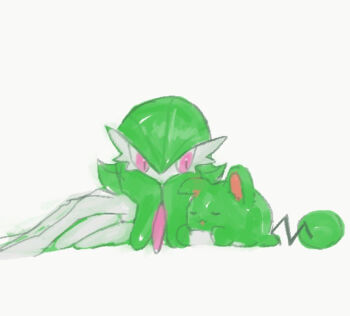 1girl :3 alternate_color bad_id bad_pixiv_id bob_cut butter_(oshi8kyoumoh) closed_eyes closed_mouth color_connection colored_skin dot_mouth female_focus gardevoir gen_2_pokemon gen_3_pokemon green_skin hair_between_eyes hands_on_own_chin head_rest looking_at_another lying marill multicolored_skin nintendo on_side on_stomach open_mouth pink_eyes pokemon pokemon_(creature) shiny_pokemon short_hair simple_background thighs two-tone_skin u_u white_background white_skin