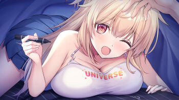 1girl blonde_hair blue_skirt breast_press breasts brown_eyes camisole clothes_writing collarbone game_cg highres holding holding_marker long_hair making_lovely marker mei_isurugi official_art one_eye_closed open_mouth oryo_(oryo04) pleated_skirt second-party_source skirt white_camisole