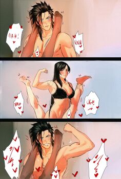 american_psycho aroused black_hair blue_eyes blush final_fantasy final_fantasy_vii final_fantasy_vii_remake flexing flexing_pectorals hand_up heart hetero highres holding_another&#039;s_leg legs_on_another&#039;s_shoulders medium_hair moaning movie_reference origussy red_eyes sex simple_background smile speech_bubble tifa_lockhart trembling tribadism yuri zack_fair