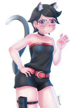 1girl absurdres animal_ears artist_name bare_arms bare_shoulders belt black_eyes black_hair black_shirt black_shorts boruto:_two_blue_vortex breasts cat_ears cat_girl cat_tail choker claw_pose closed_mouth collarbone embarrassed facial_mark feet_out_of_frame female_focus glasses hand_on_own_hip hand_up hassylep highres kemonomimi_mode looking_at_viewer matching_hair/eyes naruto_(series) petite red_belt red_shirt shirt short_hair shorts small_breasts solo standing strapless strapless_shirt tail thick_thighs thigh_strap thighs two-tone_shirt uchiha_sarada wavy_mouth