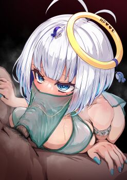 1boy 1girl armlet blue_eyes blue_nails breasts dark-skinned_male dark_skin fellatio fellatio_under_mask fingernails halo halo_ornament harem_outfit hetero highres indie_virtual_youtuber jewelry kajimakoto large_breasts male_pubic_hair mouth_veil nail_polish oral penis pubic_hair ryuzen_nikomi short_hair veil virtual_youtuber white_hair