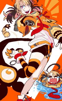 >_< 1girl absurdres ahoge animal_ear_hood animal_ears asphyxiation belt bike_shorts black_shorts black_tail black_thighhighs blonde_hair boots brown_hair clawed_boots commentary cropped_hoodie crying drowning english_commentary facing_viewer fake_animal_ears gigi_murin gigi_murin_(1st_costume) grem_(gigi_murin) highres hololive hololive_english hood hoodie huge_ahoge long_sleeves looking_at_viewer looking_to_the_side medium_hair multicolored_hair multiple_views notice_lines open_mouth orange_belt orange_hoodie orange_thighhighs outstretched_arms pink_eyes ringed_eyes sharp_teeth shirt shorts single_thighhigh smile standing standing_on_one_leg teeth thighhighs twintails two-tone_hair two-tone_thighhighs virtual_youtuber virtubear water white_boots white_shirt zipper