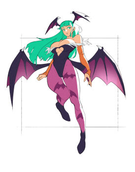 1girl absurdres animal_print bare_shoulders bat_print black_boots black_leotard blunt_bangs boots breasts bridal_gauntlets cleavage clothing_cutout colored_eyelashes darkstalkers demon_girl demon_wings feather_trim floating food fruit full_body green_eyes green_hair head_wings heart_cutout highres julian_futanto large_breasts leotard long_hair morrigan_aensland orange_(fruit) orange_slice pantyhose parted_lips print_pantyhose purple_pantyhose solo underboob white_background wings