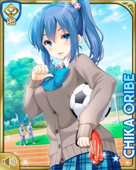 1girl bag blue_bow blue_bowtie blue_eyes blue_hair blue_skirt bow bowtie breasts brown_shoes card_(medium) cardigan character_name full_body girlfriend_(kari) grey_cardigan hair_ornament large_breasts legs loafers looking_at_viewer official_art oribe_chika plaid_clothes plaid_skirt pleated_skirt qp:flapper school_bag school_uniform shirt shoes skirt solo standing white_shirt