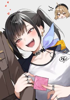 1boy 2girls :d absurdres anis_(nikke) arm_hug assertive_female black_choker breasts choker commander_(nikke) condom condom_wrapper goddess_of_victory:_nikke highres holding holding_another's_arm holding_condom jealous jewelry large_breasts mole mole_under_eye multiple_girls nigi_(ngmnoym) open_mouth red_eyes ring smile sora_(nikke) teeth twintails