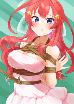 1girl arms_behind_back bare_shoulders bdsm blue_eyes blush bondage bound bound_arms bound_torso bound_wrists breast_bondage breasts bridal_veil bride dragging dress go-toubun_no_hanayome hair_ornament highres large_breasts long_hair mukanata nakano_itsuki pink_dress pulling red_hair restrained rope rope_pull shibari shibari_over_clothes solo star_(symbol) star_hair_ornament strapless strapless_dress veil wedding_dress