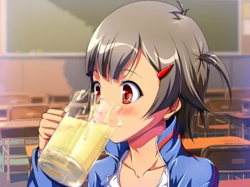 Rule 34 | 1girl, a cherry-blossom front, black hair, blush, classroom, cum, cum in container, cum in cup, cum string, cumdrip, cup, drinking, female focus, game cg, glass, gokkun, hair ornament, hairclip, holding, holding cup, indoors, school, short hair, solo