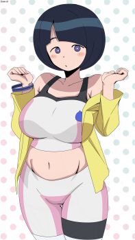bambi2000line black_hair blue_eyes blush blush_stickers bracelet breasts bright_pupils cosplay crop_top gundam gundam_build_fighters gundam_build_fighters_try gundam_gquuuuuux gym_shirt hoshino_fumina hoshino_fumina_(cosplay) jacket jewelry large_breasts leggings mature_female navel off-shoulder_jacket off_shoulder open_clothes open_jacket polka_dot polka_dot_background shiiko_sugai shirt short_hair sleeveless sleeveless_shirt standing thick_thighs thigh_gap thighs white_pupils white_shirt wide_hips yellow_jacket