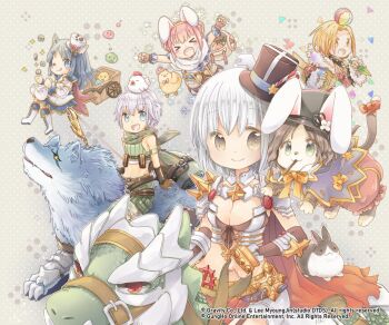 >_< 1boy 5girls :3 animal animal_ears animal_on_head armor ball beachball belt bikini_armor bird bird_on_head blazer blonde_hair blue_eyes blue_hair blue_skirt blush boots bow breasts brown_belt brown_gloves brown_hair cape cat_ears cat_girl cat_tail chicken cleavage closed_mouth coin collar commentary_request copyright_notice crop_top dress drops_(ragnarok_online) ferus_(ragnarok_online) fur_collar furry furry_female genetic_(ragnarok_online) gloves green_scarf green_shirt green_shorts grey_shorts jacket large_breasts long_hair looking_at_another looking_at_viewer miniskirt multiple_girls official_alternate_costume on_head open_mouth pauldrons pink_dress pink_hair poporing poring pullcart rabbit ragnarok_online ranger_(ragnarok_online) red_bow red_cape riding_dragon rune_knight_(ragnarok_online) scarf shadow_chaser_(ragnarok_online) shinonome_moegi shirt short_hair shorts shoulder_armor skirt sleeveless sleeveless_shirt smile spiked_collar spiked_pauldrons spikes summoner_(ragnarok_online) super_novice_(ragnarok_online) tail tail_bow tail_ornament white_boots white_jacket white_shirt wolf yellow_eyes