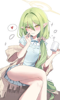 1girl absurdres blue_archive blue_dress coffee_mug commentary cup dress drinking_glass frilled_dress frills green_hair hair_between_eyes hair_ornament hair_over_shoulder hair_scrunchie halo highres holding holding_cup jacket kuro11kii long_hair mug nozomi_(blue_archive) nozomi_(mom's_touch)_(blue_archive) official_alternate_costume open_clothes open_jacket pink_scrunchie scrunchie shirt short_sleeves solo very_long_hair white_shirt yellow_eyes yellow_halo yellow_jacket